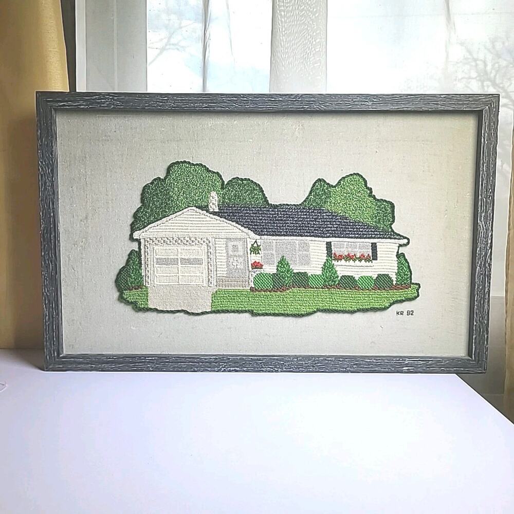 Vintage Framed White Ranch Needlepoint House Cross Stitch Cottage Home Country